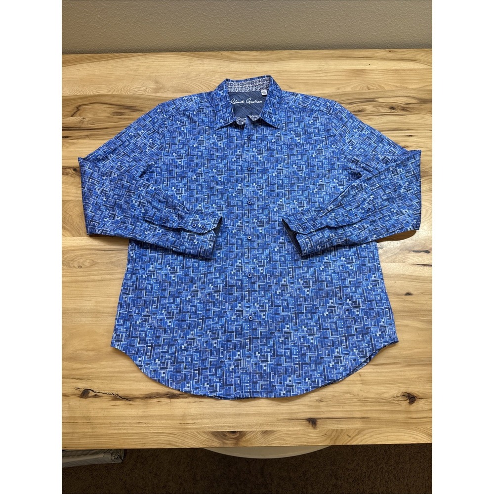 Robert Graham Dress Shirt Men's Large Blue Geometric Print Long Sleeve